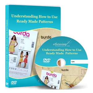 Könnte beinhalten: DVD mit dem Titel "Understanding How to Use Ready Made Patterns" mit blauem Hintergrund und einer weißen DVD-Disc. Das DVD-Cover zeigt ein Burda Kids-Muster mit einem Mädchen, das ein Kleid trägt.