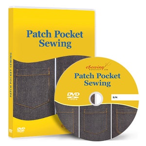 Può includere: Una custodia per DVD gialla con il testo "Patch Pocket Sewing" e un'immagine di una tasca in denim. Il DVD stesso ha un'etichetta gialla con il testo "Patch Pocket Sewing" e un'immagine di tre tasche in denim.