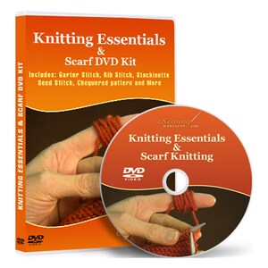 May include: A DVD kit for learning knitting essentials and scarf knitting. The DVD cover features a hand holding yarn and knitting needles. The DVD itself has a red and black design with the text "Knitting Essentials & Scarf Knitting".