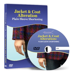 May include: DVD case and disc with a blue background and the text "Jacket & Coat Alteration: Plain Sleeve Shortening". The disc shows a close-up of a person's hand adjusting a sleeve on a jacket.