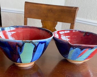 Handmade ramen bowl. Red with Multicolored Glazes. 234, Free Shipping, Handmade Serving Bowl. Side dish bowl Salad Bowl,