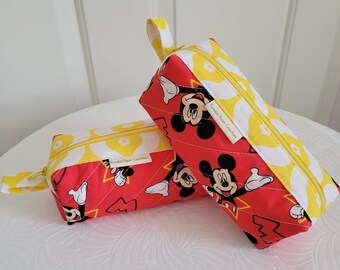 Red Mickey Mouse Small Handmade Quilted Cotton Fabric Zippered Cosmetic Pouch Travel Sewing School