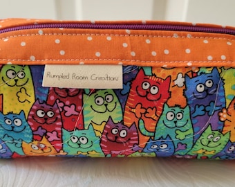 Rainbow Cat Lover Pets Small Handmade Quilted Cotton Zippered Cosmetics Pet Travel Sewing School Pouch