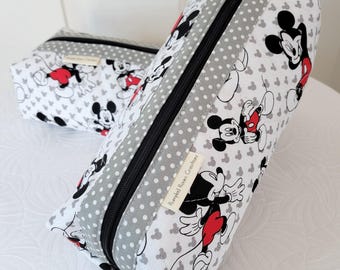 Mickey Mouse Quilted Cotton Zippered Cosmetic Pouch Organizer Travel Sewing School