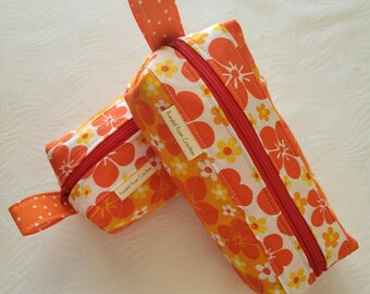 Orange Hawaiian Floral Print Handmade Cosmetic Bag Quilted Cotton Zippered Small/Med Travel Sewing School