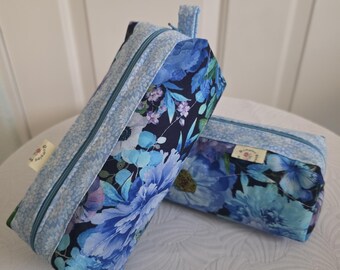 Blue Floral Cosmetic Pouch Handmade Medium Quilted  Zippered  Travel Sewing  School