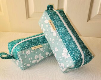 Teal Floral Quilted Cotton Handmade Zippered Cosmetic Pouch Organizer Travel Sewing  School