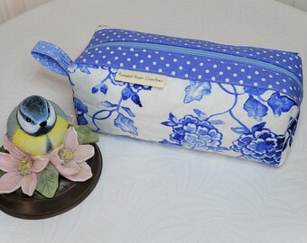 Blue Floral Small Handmade Quilted Fabric  Zippered Cosmetic Pouch Travel Sewing Pets School