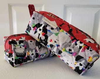 Dog lover Small Quilted Cotton Fabric Zippered Red Yellow Cosmetic Pouch Pet Organizer Travel Sewing School