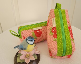 Vintage Rose Floral Pouch Small/Medium Handmade Quilted Cotton Zippered Cosmetic Pouch Travel Sewing Pets School