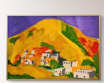 額入り抽象油絵：黄色い山の風景、18x14インチ - Etsy 日本