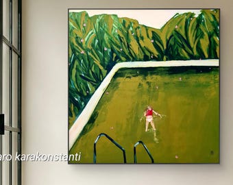 Abstract Green Swimming Pool Painting, Textured Canvas Art by ZacharoKarakonstanti