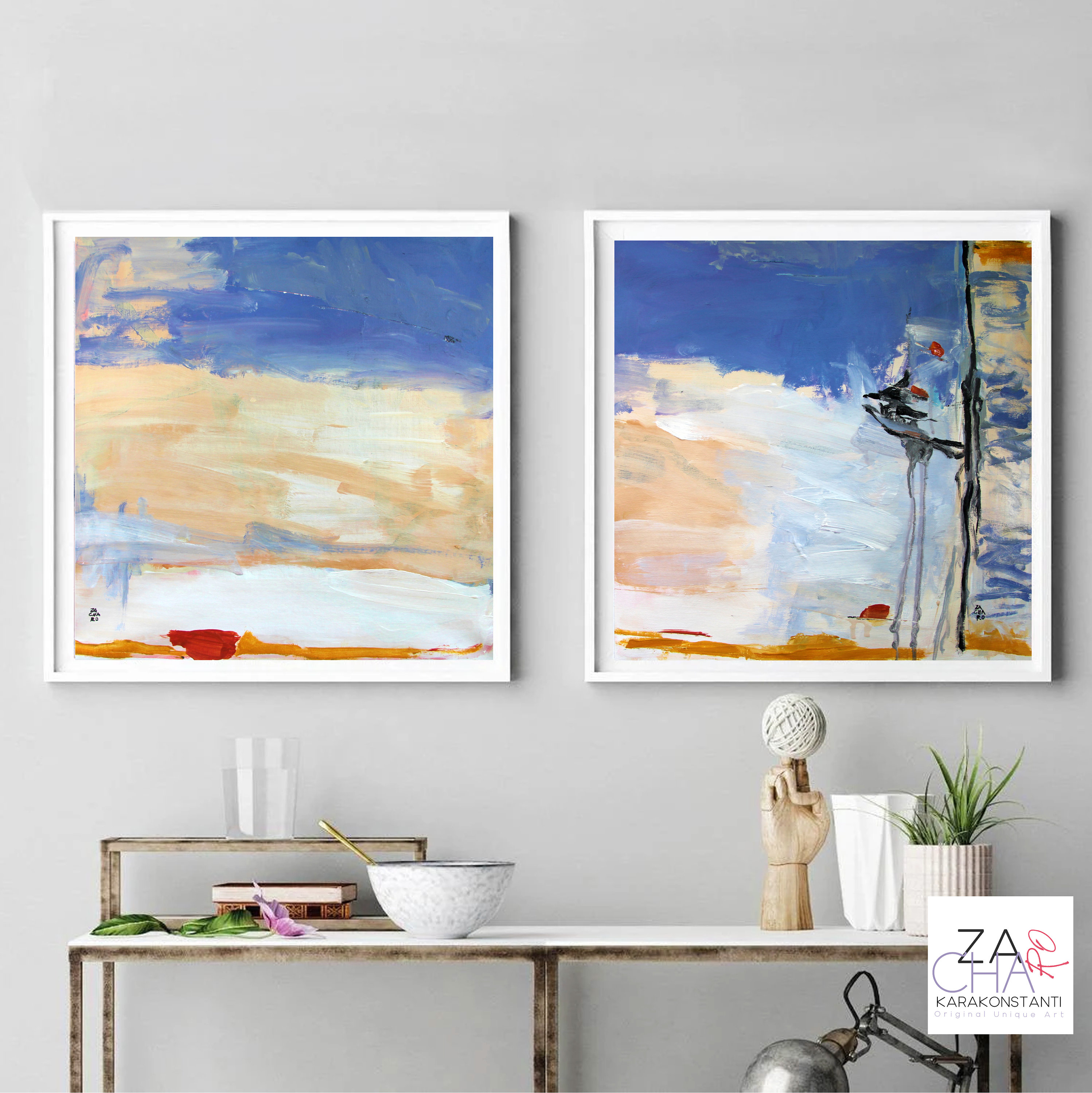 Original painting, Set of 2, Original abstract Costal art on stretched canvas, Costal wall art, large modern art, Set of 2 wall art 16''X16'