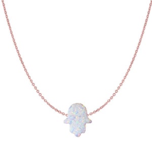 14 Karat Gold White Opal Hamsa Necklace: Hand of Fatima Pendant