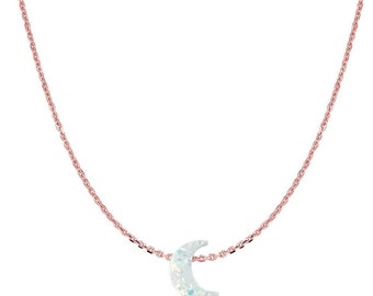 14 Karat Gold White Opal Crescent Moon Pendant Necklace