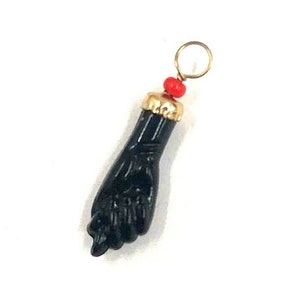 14K Yellow Gold Black Azabache Figa Fig Fist Hand Evil Protection Bead Pendant Charm