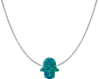 14 Karat Gold 11x13 mm Peacock Blue Green Opal Hamsa Hand Necklace