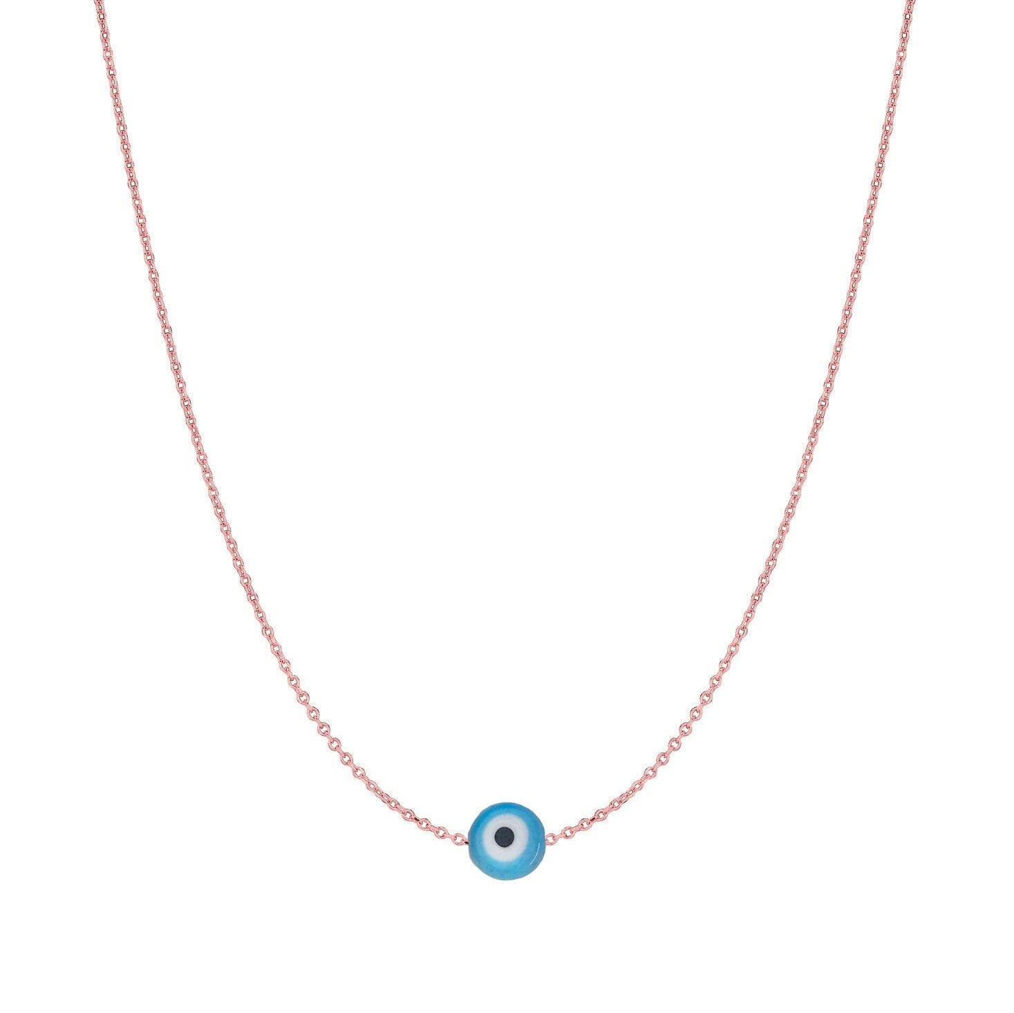 14 Karat Gold Light Blue Evil Eye Glass Bead Pendant on Cable Link Chain Necklace