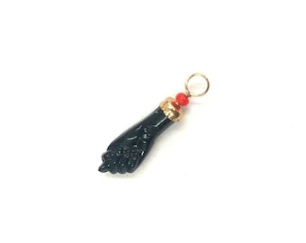 14K Yellow Gold Black La Mano De Azabache Figa Fig Fist Hand Evil Protection Beaded Pendant Charm