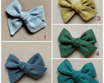 Mini Linen Hand tied hair bows - Green /Blue