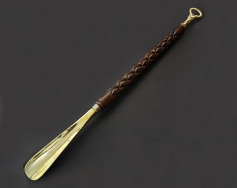 Luxury Brass Shoehorn – Hand-Carved Diamond Wood Handle – Artisan Long Shoe Horn