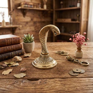 Brass hooded snake figurine with arched neck on a ribbed pedestal, ideal for desk or office decor.