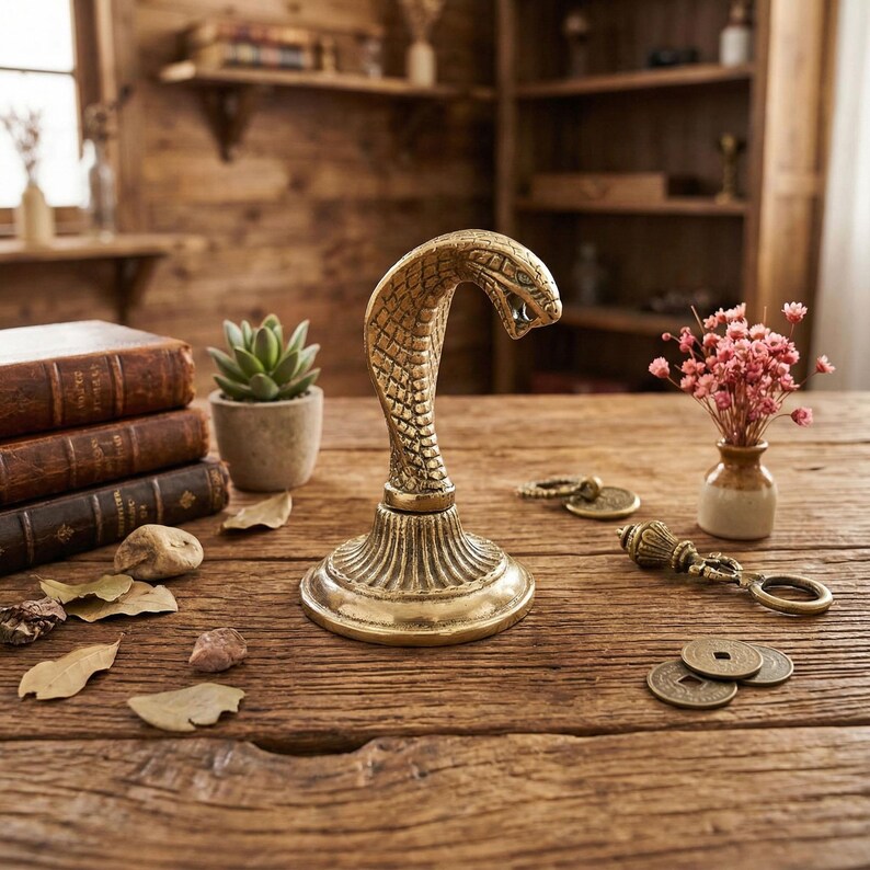 Brass hooded snake figurine with arched neck on a ribbed pedestal, ideal for desk or office decor.