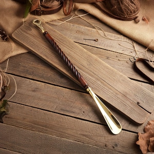 Brass and Wood Shoehorn – Long Brass Shoe Horn with Wooden Handle, Handmade Luxury Gift