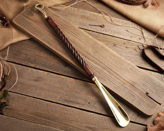 Brass and Wood Shoehorn – Long Brass Shoe Horn with Wooden Handle, Handmade Luxury Gift