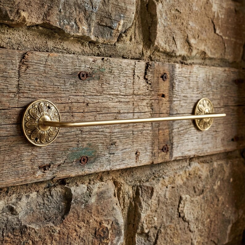 Solid brass towel bar mounted on rustic wood wall handmade bathroom hardware