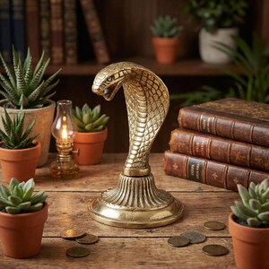 Brass hooded snake figurine with arched neck on a ribbed pedestal, ideal for desk or office decor.