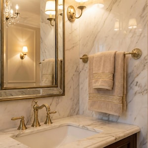 Handcrafted brass towel bar bathroom hardware close up detail