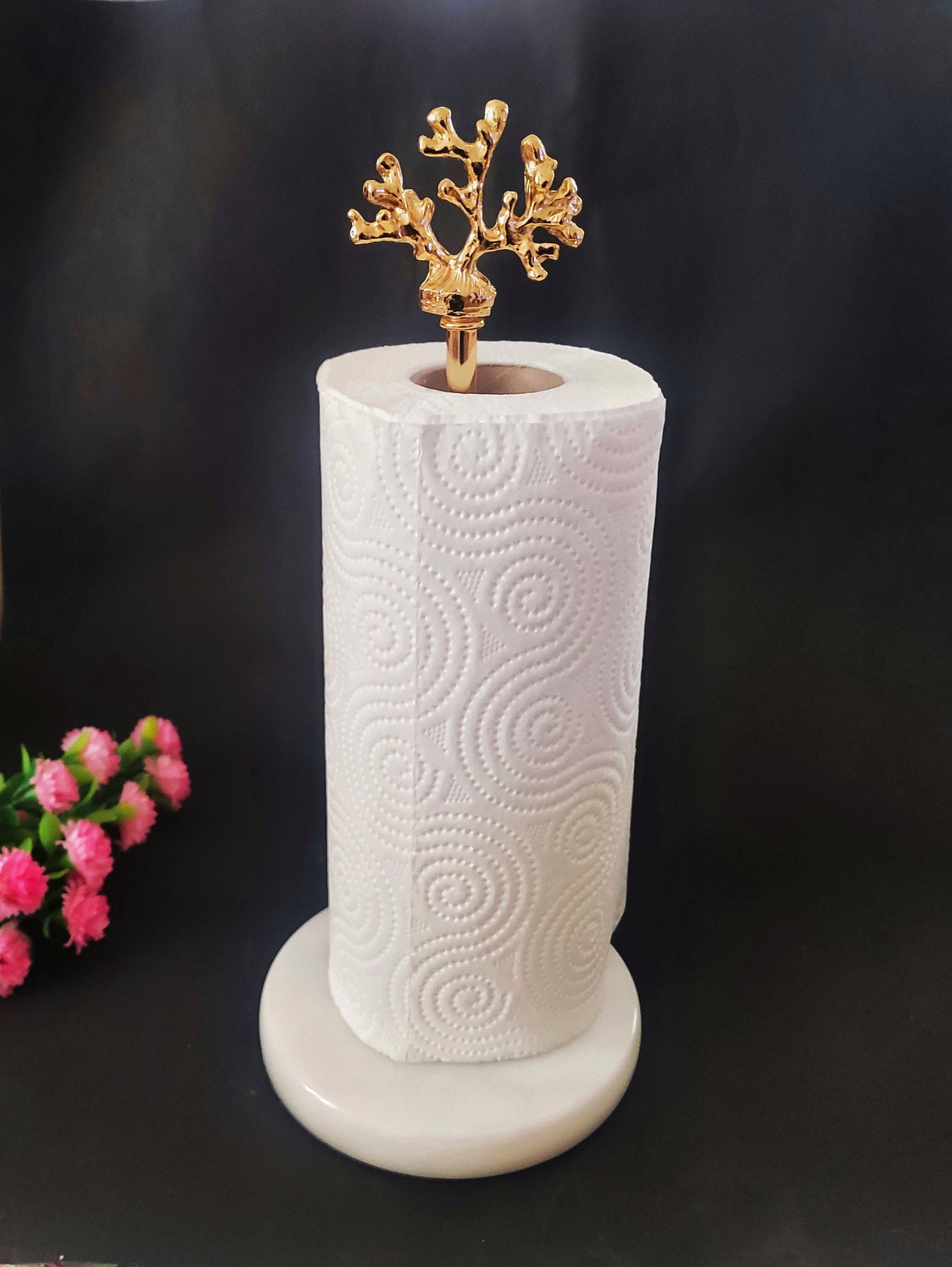 Paper Towel Holder Marble and Brass Paper Towel Stand, Kitchen Towel Holder  Kitchen Decor Bud Flower Figured 