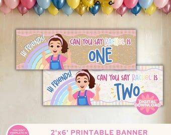 Ms Rachel Can You Say One, Two -  2x6 Printable Banner (Digital Download) | Canva Template | First, 1st, Second, 2nd, Rainbow Party