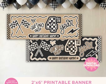 ¡Entrando en el CUARTO año! - Pancarta imprimible de 2x6 (descarga digital) / Plantilla de Canva / 4º cumpleaños, genial, tío, a cuadros, coche de carreras, moto de cross