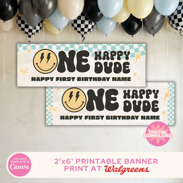 One Happy Dude - 2x6 Printable Banner (Digital Download) | Canva Template | First Birthday, 1st Bday, Checkered, Boy