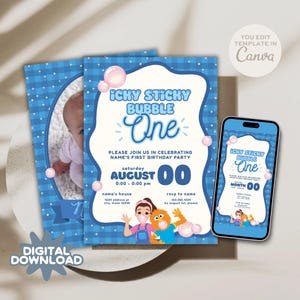 May include: Blue digital download birthday party invitation with the text "Icky Sticky Bubble One". The invitation includes a photo of a baby, and a cartoon illustration. The invitation is designed to be edited in Canva.