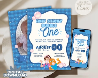 Ms Rachel Icky Sticky Bubble ONE Invitation in Blue (Digital Download) | Editable Template | Printable First Birthday Invite | Evite, Boy