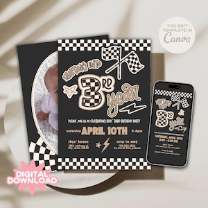 May include: Black and white birthday party invitation with a race car theme. The invitation includes the text "Shifting into 3rd Year" and "Saturday, April 10th". A smartphone displays the invitation design. The words "Digital Download" are also visible.