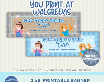 Ms Rachel Icky Sticky Bubble ONE - 2x6 Printable Poster (Digital Download) | Canva Template | First Birthday Party | 1st Bday | Blue, Boy