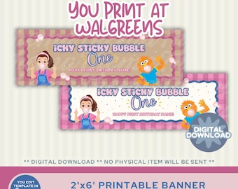 Ms Rachel Bubblegum First Birthday 2x6 Printable Banner (Digital Download) | Canva Template | Icky Sticky Bubble ONE