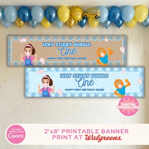 Pode incluir: Duas faixas de aniversário retangulares com personagens de desenho animado soprando bolhas, com o texto 'ICKY STICKY BUBBLE One HAPPY FIRST BIRTHDAY NAME!'. As faixas são exibidas contra um fundo de balões azuis, amarelos e brancos.