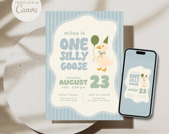 ONE Silly Goose Invitation | Digital Download | Editable Canva Template | Printable First Birthday Invite | Trendy Retro Baby Party Decor