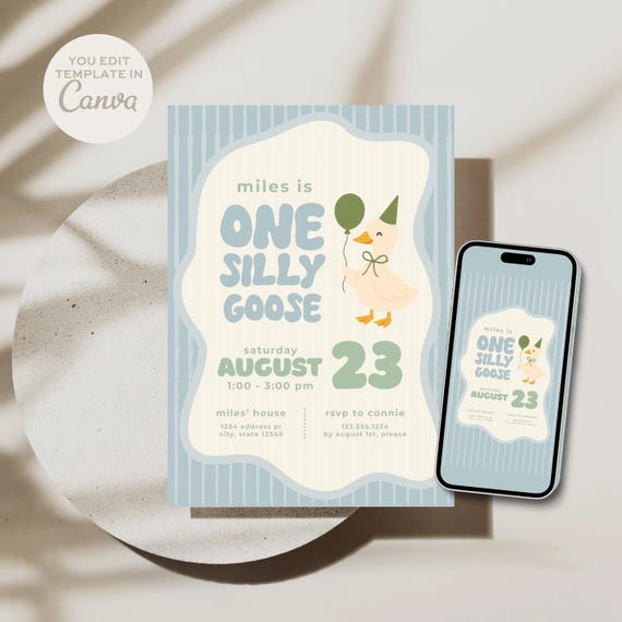 ONE Silly Goose Invitation | Digital Download | Editable Canva Template | Printable First Birthday Invite | Trendy Retro Baby Party Decor