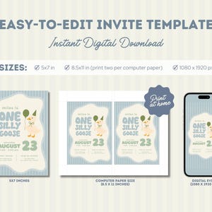 May include: Digital invitation template for a first birthday party. The design features a whimsical goose illustration with the text "One Silly Goose" and the date "August 23". Available in 5x7 inches, 8.5x11 inches, and digital evite sizes.