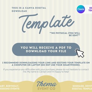 May include: Digital Canva template with the word "Template" in a script font. The image includes the text "You will receive a PDF to download your file" and "No physical item will be sent". The background is a light beige with vertical stripes.