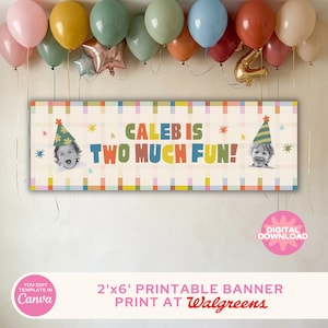 May include: A rectangular birthday banner featuring a light-colored plaid background with the text CALEB IS TWO MUCH FUN! in colorful letters. The design includes two circular photos of a child wearing a party hat and small star graphics.