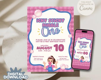 Invitación de burbuja pegajosa Icky de la Sra. Rachel (descarga digital) / Plantilla editable de Canva / Invitación imprimible para primer cumpleaños / 5x7, Evite
