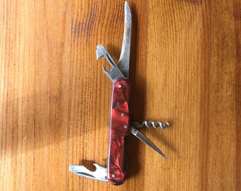 Vintage Multifunctional Pocket Knife - Red Pearlescent Handle, Corkscrew