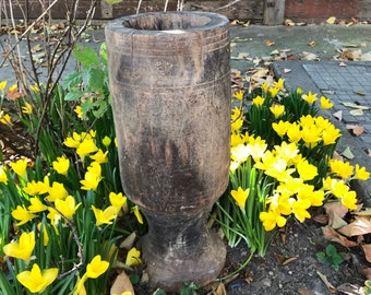 Primitive antiques large mortar-Vintage wooden mortar-antique carved wooden bowl-primitive big mortar-handmade court-very old wooden bucket